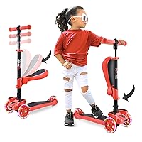 Hurtle Kids Scooter - Child Toddler Kick Scooter Toy with Foldable Seat - 3 Wheel Scooter with Adjustable Height, Anti-Slip Deck, Flashing Wheel Lights, for Boys/Girls 1-12 Year Old, Red