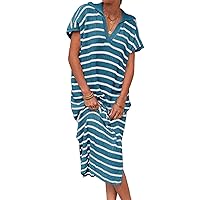 Womens V Neck Striped Ribbed Knit Dresses Short Sleeve Slit Stretch Loose Maxi Summer Dress
