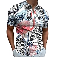 Flamingo and Zebra Men's Short Sleeve Polo Shirts Casual Zippered Golf Shirt Slim Fit T-Shirt Tops