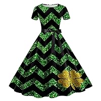 XJYIOEWT Sage Green Floral Dress for Women,Women St Pa Day Print Short Sleeve 1950s Housewife Evening Party Prom Dress S