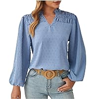 Today Deals Women Lantern Sleeve T Shirt Smocked V Neck Long Sleeves Blouses Dressy Casual Tunic Solid Sexy Elegant Tops Cute Tops For Women Trendy