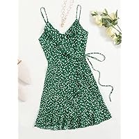 Summer Dresses for Women 2022 Allover Heart Print Ruffle Detail Wrap Cami Dress Dresses for Women (Color : Green, Size : Small)
