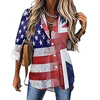 Vintage USA and UK Flag Casual Irregular Hem Shirt for Women Long Sleeve Blouse Tops Button Down V Neck Tees