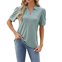 Womens Summer Tops Puff Sleeve Eyelet Blouses 2024 Casual V Neck Dressy Shirts Solid Trendy Vacation Tunic T-Shirt