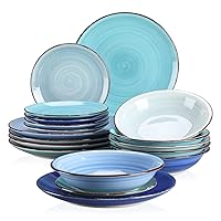 vancasso Stoneware Dinnerware Set Bonita Blue 18-Piece Service for 6, Handpainted Spirals Pattern Stoneware Combination Set with 10.6in Dinner Plate, 7.5in Dessert Plate and 21oz Soup Bowl
