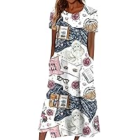 Women's Summer Casual Fashion Printed Short Sleeve Round Neck Pocket Dress
