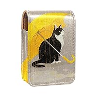 Cat Yellow Umbrella Travel Lipstick Case, Mini Soft Leather Cosmetic Pouch with Mirror, Portable Carry-on Makeup Organizer Bag