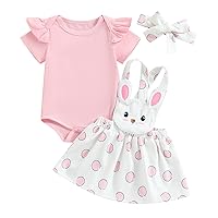 BeQeuewll Newborn Baby Girl Easter Dress Outfit Infant Ruffle Romper Suspender Skirt Set with Headband Clothes (Pink, 6-9 Months)