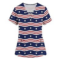 Independence Day Scrubs Top for Women Printed Short Sleeve V Neck Pattern Tunic Pocket Working T-Shirts 2024