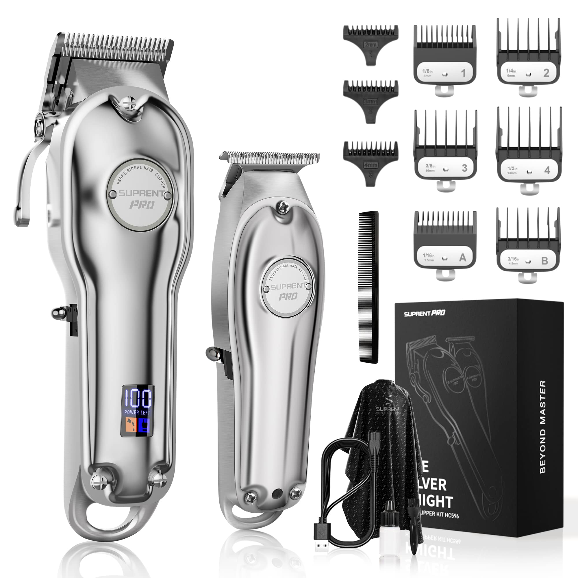 SUPRENT® Professional Hair Clippers for Men- Hair Cutting Kit & Zero Gap T-Blade Trimmer Combo- Cordless Barber Clipper Set with LED Display for Mens Gifts (Silver)