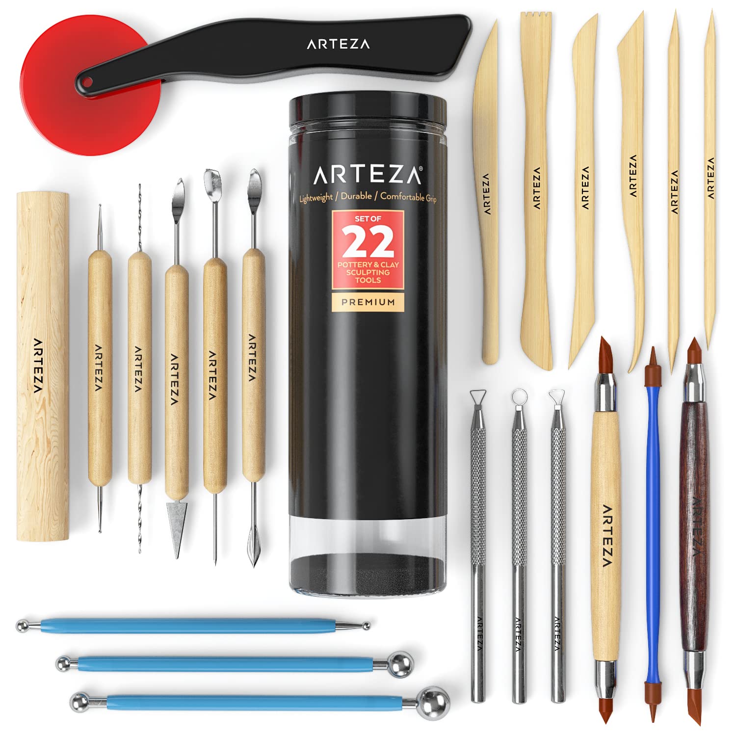 ARTEZA Pottery Tools & Clay Sculpting Tools, Set of 22 Pieces in PET Storage Tube, for Clay, Pottery, Ceramics Artwork & Holiday Crafts