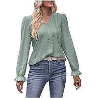 Women Casual Lantern Long Sleeve Tops Lace V Neck Eyelet Shirts Fitted Dressy Fashion Solid Color Summer Blouses