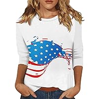 2024 Trendy 3/4 Sleeve Tops for Women T-Shirt Casual Independence Day Print Tops T Shirt Casual Loose Shirts
