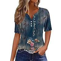 Women's Vintage Ethnic Floral Print T-Shirt Short Sleeve Henley Shirts Summer Casual V Neck Button Down Tunic Tops