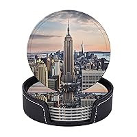 Drink Coasters Set of 6 Empire State Building Coasters for Coffee Table Absorbent Leather Coasters for Drinks with Holder Cup Coaster Set Decor for Bar