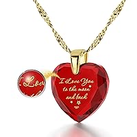 Gold Plated Heart Necklace I Love You to The Moon and Back Birthday Gift Pendant Pure Gold Inscribed CZ, 18