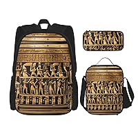 3-In-1 Backpack Bookbag Set,Egypts Hieroglyphics Print Casual Travel Backpacks,With Pencil Case Pouch, Lunch Bag