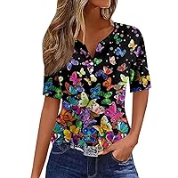 Spring Shirts for Women 2024 Fashion Feather Printed Tees V Neck Button Down Short Sleeve Blouse Tops
