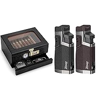 Cigar Humidor and Cigar Lighter, Combination Lock Desktop Cigar Case, 2 Pack Quad Jet Flame Refillable Butane Torch Lighter with Cigar Punch, Butane Not Included