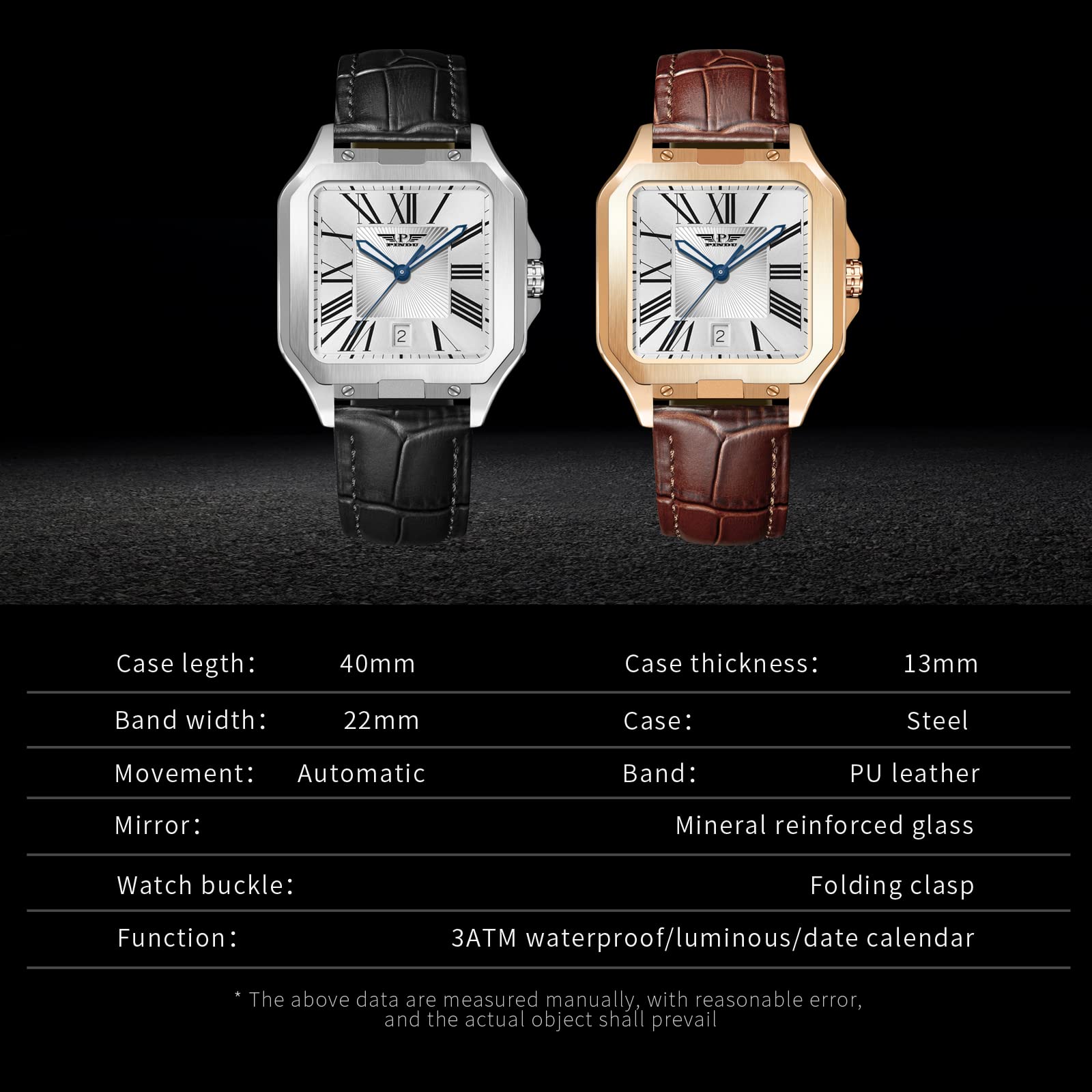 GLENAW Pindu, automatische quadratische Uhren für Herren, Tank-Luxus, Business-Herrenuhr, mechanische Uhr mit automatischem Kalenderfenster
