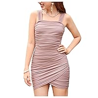 OYOANGLE Girl's Ruched Square Neck Wrap Cami Dress Asymmetrical Hem Bodycon Short Pencil Dresses