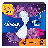 Always Radiant Feminine Pads for Women, Size 4 Overnight Pads, with Flexfoam, with Wings, Light Clean Scent, 28 count