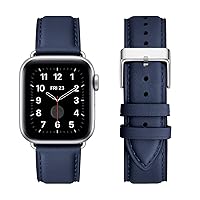 OMIU Square Bands Compatible with Apple Watch Band 38mm 40mm 41mm 42mm 44mm 45mm 49mm, Genuine Leather Wristband Starp for iWatch SE SE2 Series 9 8 7 6 5 4 3 2 1 Ultra for Women Men(Darkblue/Silver)