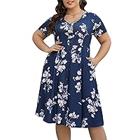 Keluummi Plus Size Wedding Guests Dresses for Curvy Women, Spring Casual Boho Floral Midi Dress with V Neck and Pockets