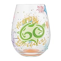Lolita Designs Happy 60th Birthday Hand-Painted Artisan Stemless Wine Glass, 20 Ounce, Multicolor