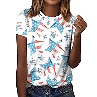Plus Size Short Sleeve Pub Tshirt for Women Independence Day Fashion Crewneck Light Tees Comfort Ruched Cotton Patriotic Tops for Women Light Blue