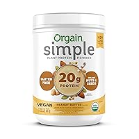 Orgain Organic Simple Vegan Protein Powder, Peanut Butter - 20g Plant Based Protein, Made with Fewer Ingredients, No Stevia or Artificial Sweeteners, Gluten Free, Dairy Free, Soy Free - 1.25lb