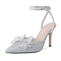 Rhinestone Bow Heels High Stiletto Heels Pumps Closed Pointed Toe Women Lace-up Strappy Ankle Strap Shoes for Bridal Brides Casual