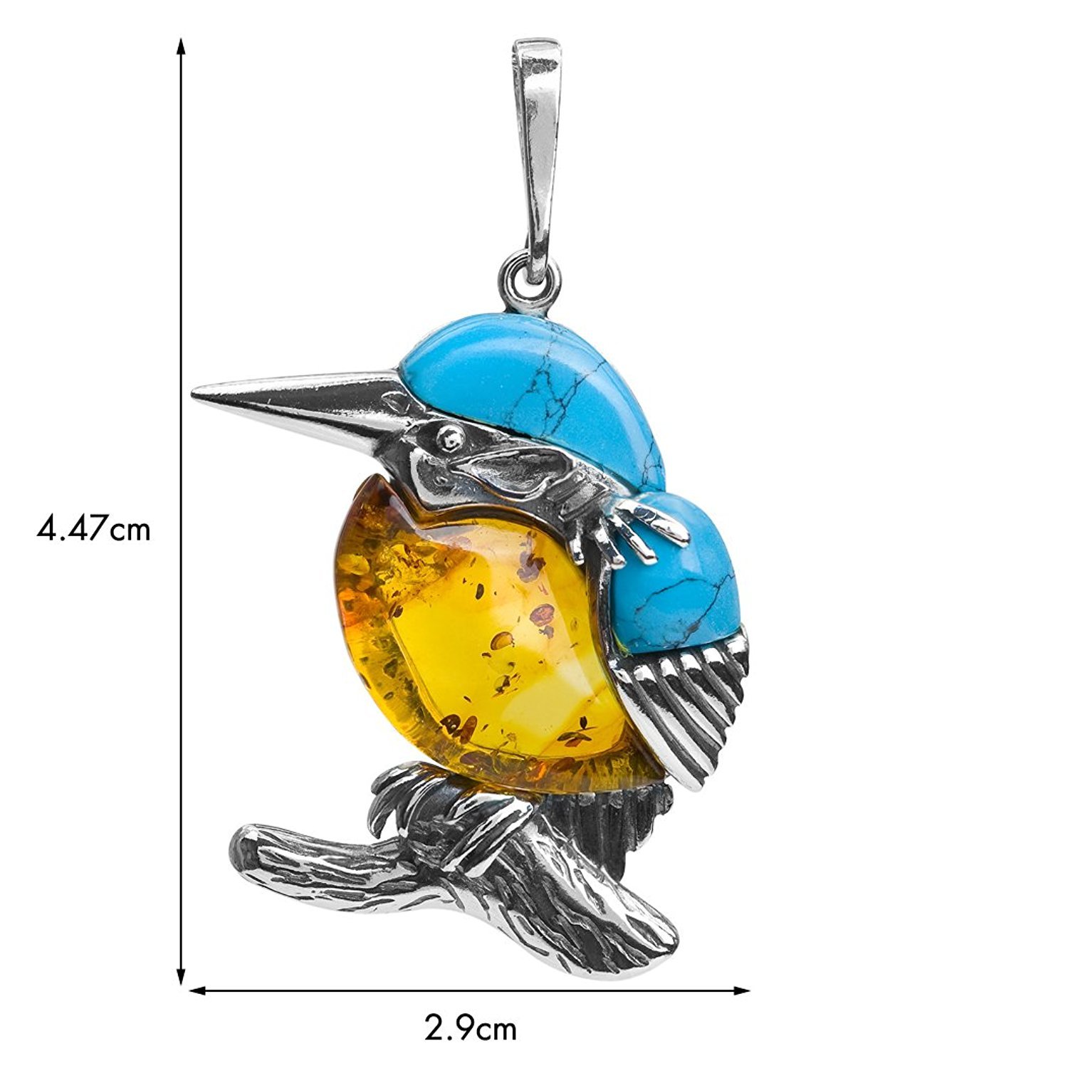 Ian and Valeri Co. Sterling Silver Amber Blue Turquoise Kingfisher Bird Pendant Necklace 18 Inches
