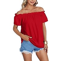 LYANER Women's Off Shoulder Ruffle Short Sleeve Ruched Casual Loose Tops Blouse Shirt