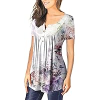Women Tops,Plus Size Sexy V-Neck Short Sleeve Tunic Shirt Summer Casual Trendy Button Printed Top Tees 2024 Blouse