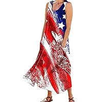 Women's 4th of July USA Flag Dress Women's 4th of July Dress Women's Summer Casual Sleeveless Halter Long Maxi