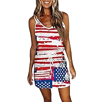American Flag Dresses for Women 4th of July Fashion Summer Printed Loose Sleeveless V-Neck Dress with Pocket
