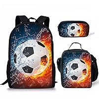 Ice and Fire Football Print School Bookbag for Boys Girls 3 Set Children Backpack Pen Bag Lunchbox with Compartment Daypack