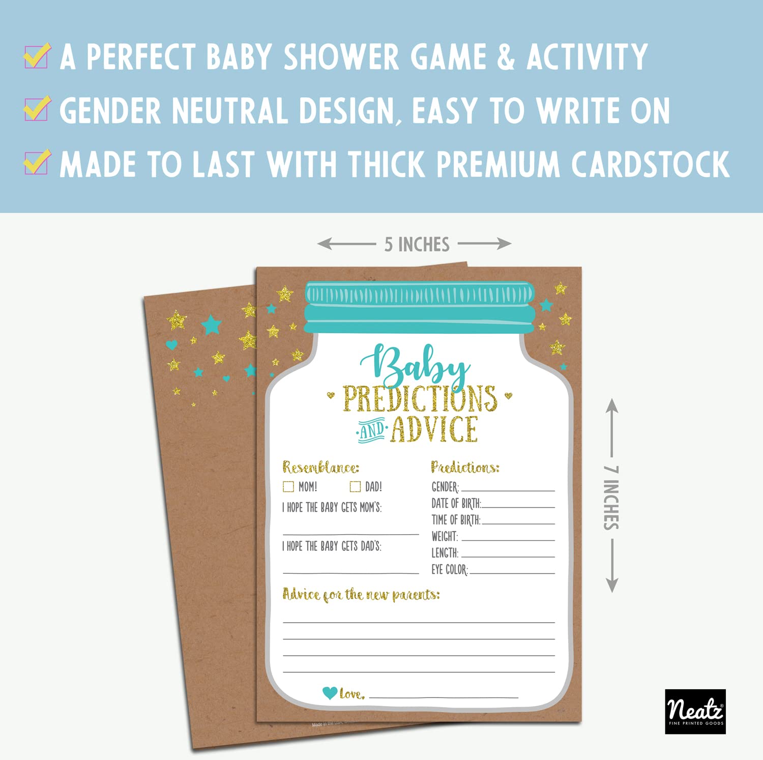 Neatz 50 Mason Jar Baby Shower Prediction and Advice Cards - Gender Neutral Boy or Girl, Baby Shower Games, Baby Shower Decorations, Baby Shower Favors