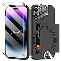 SAMONPOW for iPhone 14 Pro Case with Screen Protector & Camera Cover & Lanyard 7-in-1 Full Body Hybrid iPhone 14 Pro Case Wallet Card Holder Shockproof Phone Case for iPhone 14 Pro 6.1 inch Black