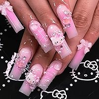 24Pcs Pink Press on Nails Long Square Fake Nails with Cute Nails Rhinestones Design Acrylic Glue on Nails Full Cover Y2K False Nails Pink Artificial Nails for Women Girls Nail Decoration