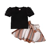 Girls Baby Clothes Toddler Girls Short Sleeve Ribbed T Shirt Tops Plaid Skirt Outfits Pant Pack (Yellow, 12-18 Months)