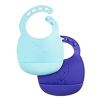 Dr. Brown's Baby Bib with Adjustable Collar and Fox Design, 100% Silicone & Waterproof, Teal/Purple, 2-Pack