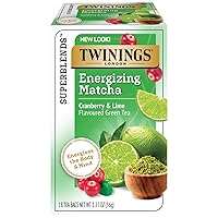 Twinings Energize Tea - Cranberry & Lime Flavoured Caffeinated Green Tea with Energizing Matcha, Tea Bags Individually Wrapped, 18 Count
