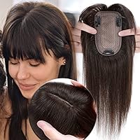 MY-LADY Human Hair Toppers for Women Real Human Hair for Thinning Hair 7 * 13CM Silk Base Hairpieces with Bangs 150% Density Clip in Remy Hair Pieces 16 Inch #02 Dark Brown
