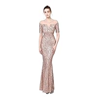 Womens Formal Evening Prom Gowns Mermaid Long O Neck Short Sleeves Sequins Bridal Homecoming Party Cocktail Dresses