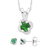 Boston Bay Diamonds .925 Sterling Silver Lab Created Green Emerald Petite Swirled 4 Prong Set 18” Pendant Necklace and Pushback Stud Earring - May Birthstone