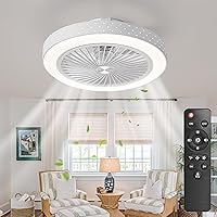 POWROL Ceiling Fan with Lights Low Profile Flush Mount with Remote Control 3 Wind Speeds Dimmable 3 Colors Iron 19Inch Invisible 8 Bladeless Enclosed White Fan Light for Bedroom Kitchen