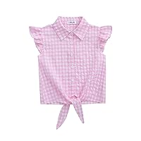 Girls Sleeveless Floral Button Down Shirt Summer Crop Tops Tie Knot Ruffle Sleeve Shirt Blouse 3-12Y