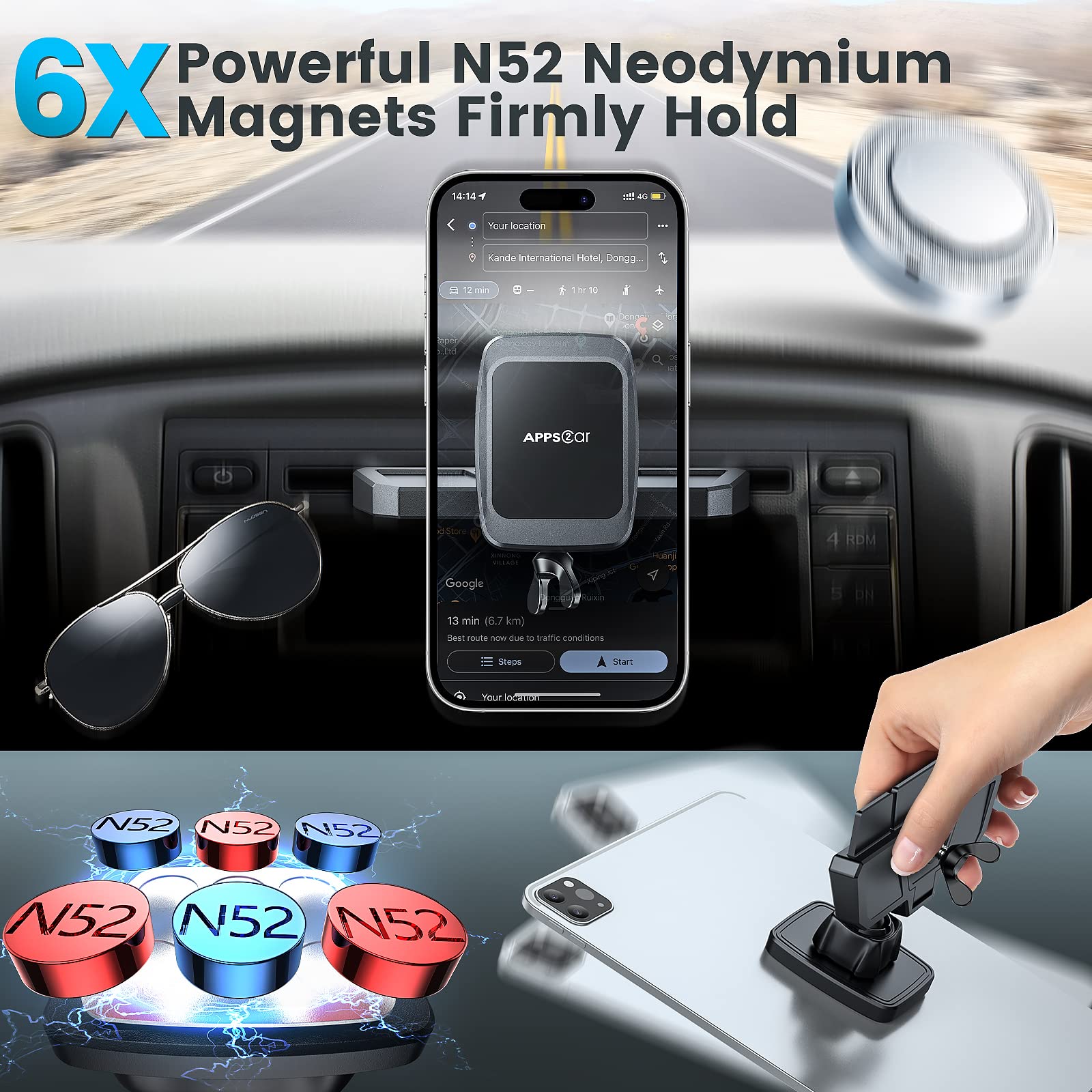 APPS2Car CD Phone Holder for Car, Anti Shake and Magnetic Car Phone Mount with 6 Magnets, Thick Case Friendly CD Slot Phone Holder Compatible with iPhone All Phones & Mini Tablet